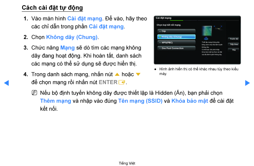 Samsung UA55D8000YRXXT, UA60D8000YNXXV, UA46D7000LRXXV, UA46D7000LNXXV manual Cách cà̀i đặ̣t tự̣ độ̣ng, Chon Không dây Chung 