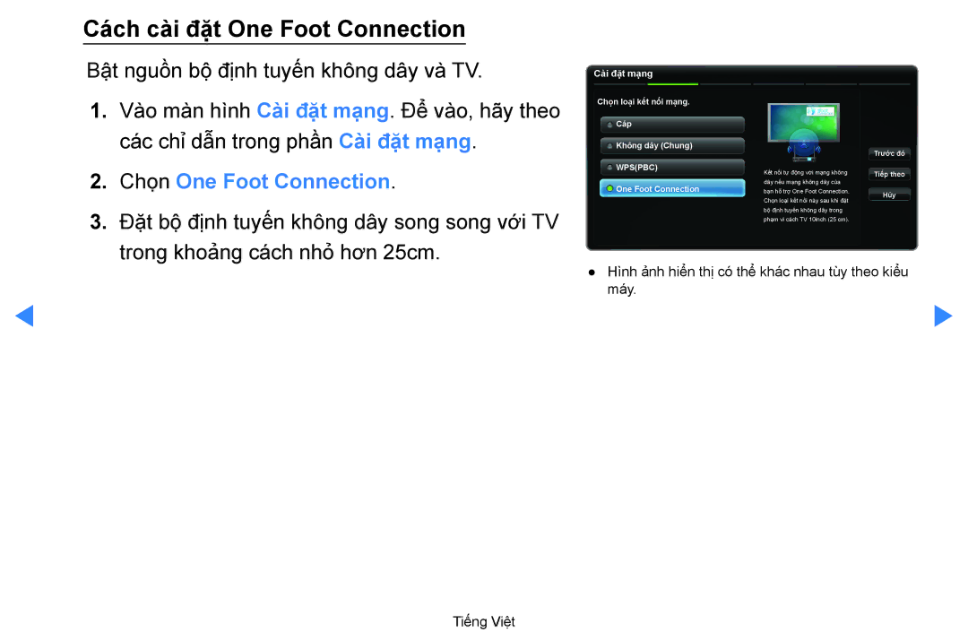 Samsung UA55D8000YRXXT, UA60D8000YNXXV, UA46D7000LRXXV manual Cách cà̀i đặ̣t One Foot Connection, Chọn One Foot Connection 