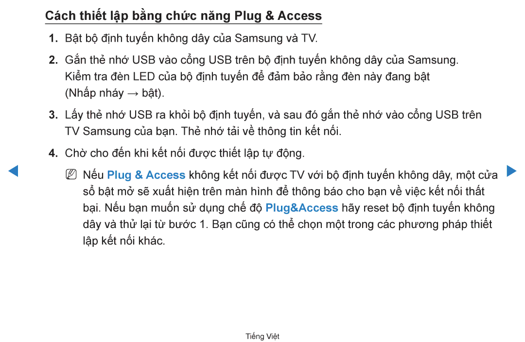 Samsung UA55D7000LRXXV, UA60D8000YNXXV, UA46D7000LRXXV, UA46D7000LNXXV manual Cach thiết lập bằng chức năng Plug & Access 