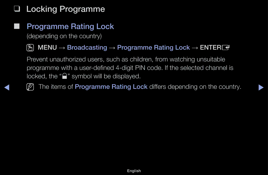 Samsung UA55F6100AMXSQ, UA60F6100AMXSQ manual Locking Programme, Programme Rating Lock 