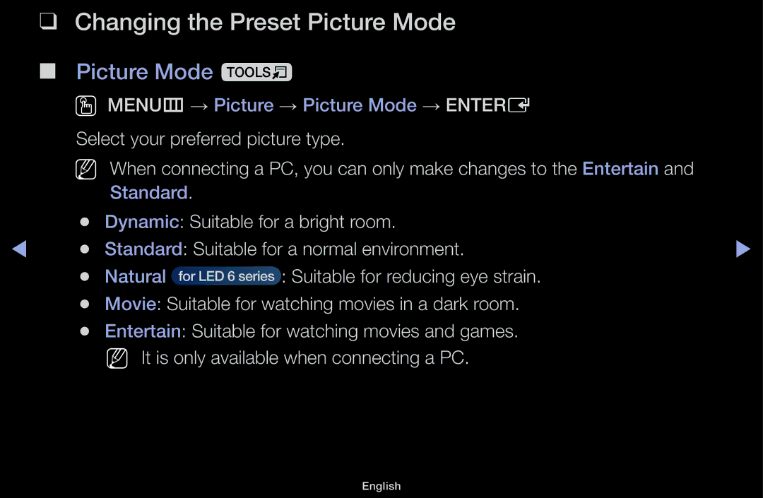 Samsung UA60F6100AMXSQ, UA55F6100AMXSQ Changing the Preset Picture Mode, Picture Mode t, Suitable for reducing eye strain 