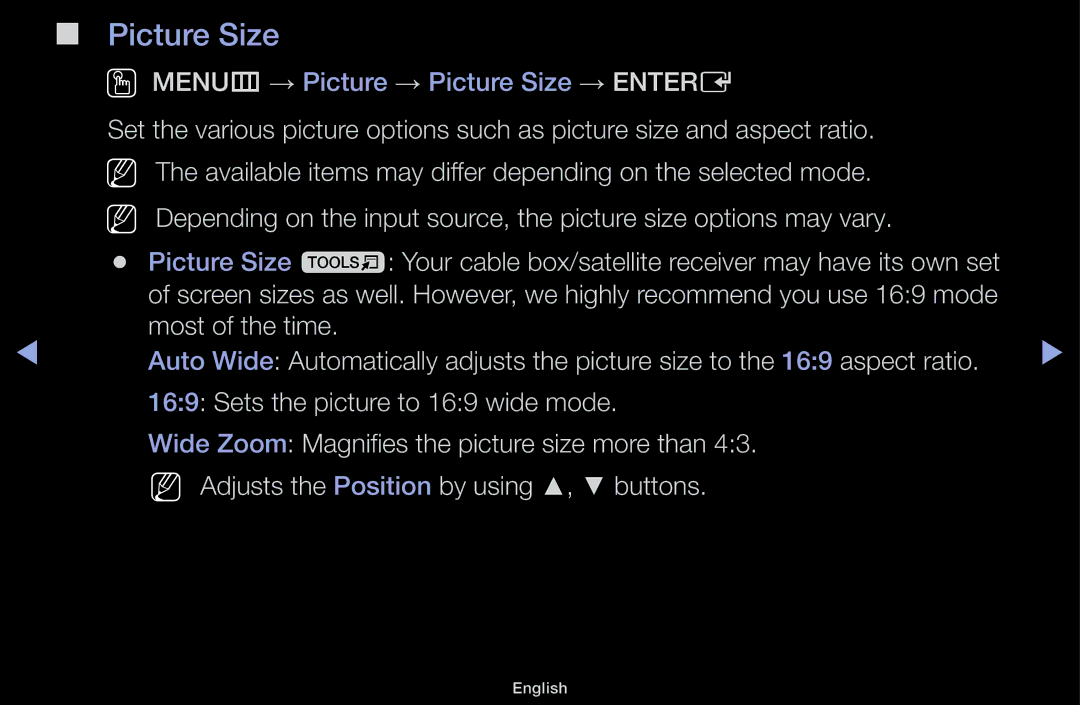 Samsung UA55F6100AMXSQ, UA60F6100AMXSQ manual OO MENUm → Picture → Picture Size → Entere 