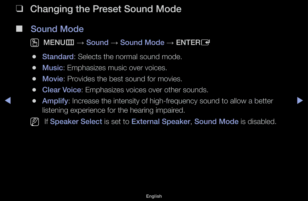 Samsung UA60F6100AMXSQ, UA55F6100AMXSQ manual Changing the Preset Sound Mode 