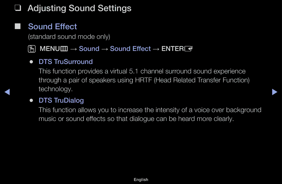 Samsung UA55F6100AMXSQ, UA60F6100AMXSQ manual Adjusting Sound Settings, Sound Effect, Standard sound mode only 