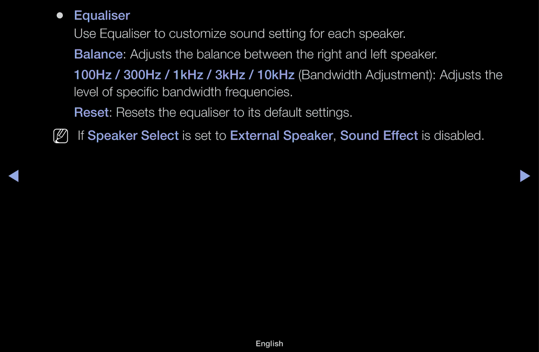 Samsung UA60F6100AMXSQ, UA55F6100AMXSQ manual Equaliser, Reset Resets the equaliser to its default settings 