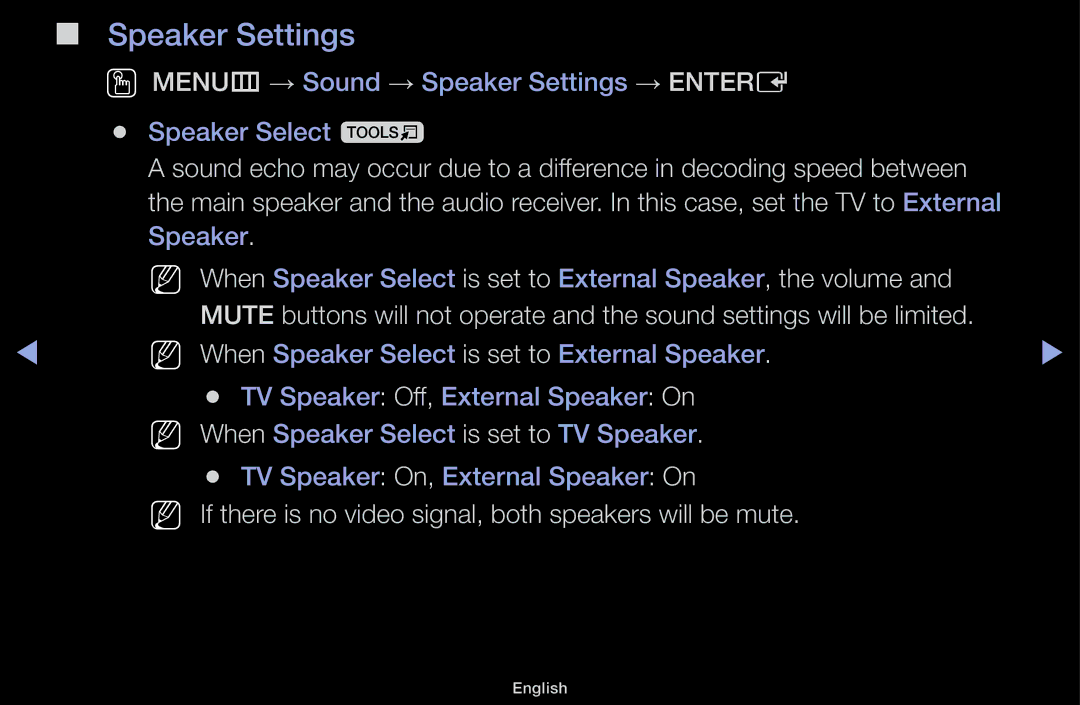 Samsung UA60F6100AMXSQ, UA55F6100AMXSQ manual Speaker Settings, NN If there is no video signal, both speakers will be mute 