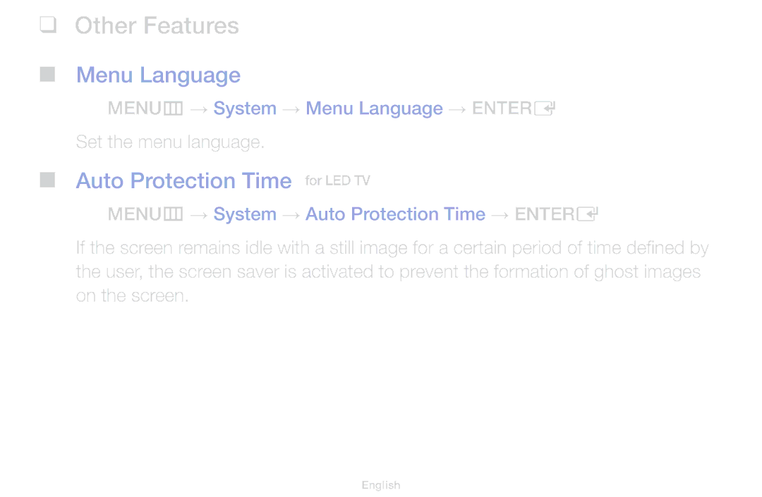 Samsung UA60F6100AMXSQ, UA55F6100AMXSQ manual Menu Language, Auto Protection Time, Set the menu language, On the screen 