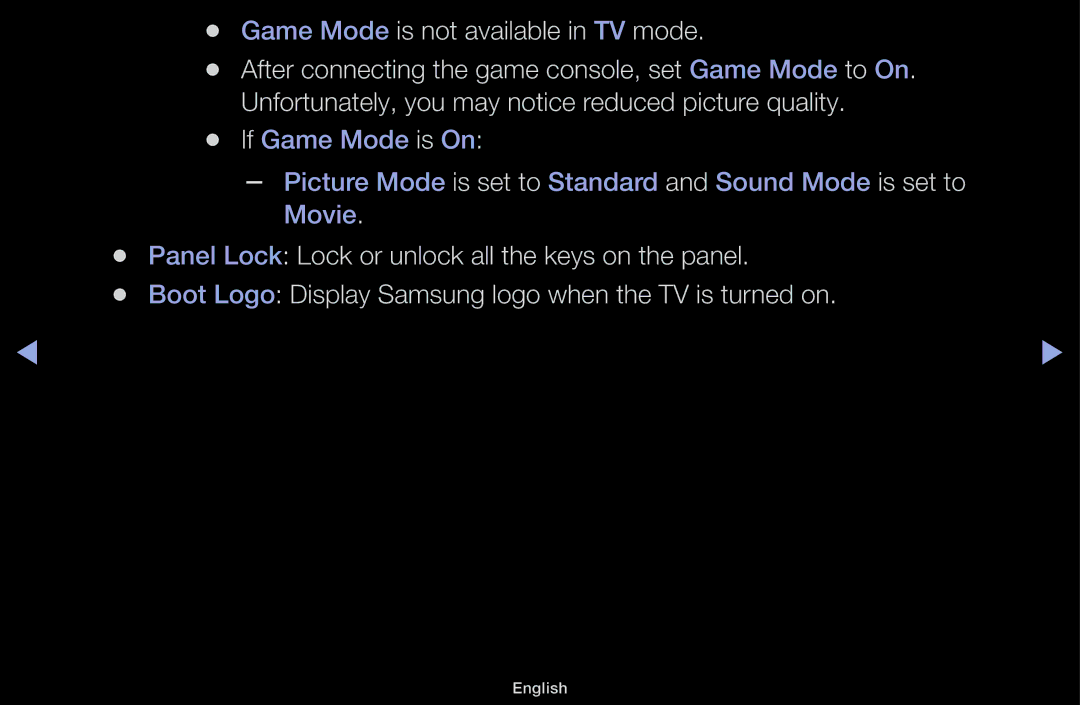 Samsung UA55F6100AMXSQ manual Game Mode is not available in TV mode, Panel Lock Lock or unlock all the keys on the panel 