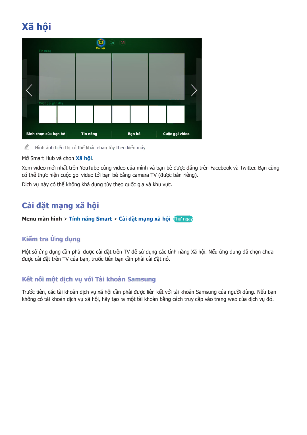 Samsung UA46F6400ARXXV manual Xã hội, Cà̀i đặ̣t mạng xã hội, Kiểm tra Ứng dụng, Kết nối một dịch vụ với Tà̀i khoản Samsung 