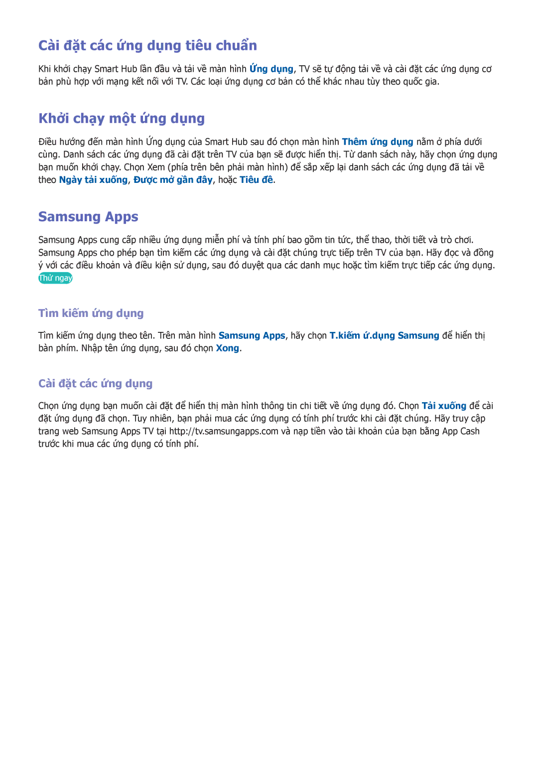 Samsung UA32F6400ARXXV manual Cà̀i đặ̣t các ứng dụng tiêu chuẩn, Khởi chạy một ứng dụng, Samsung Apps, Tìm kiếm ứng dụng 