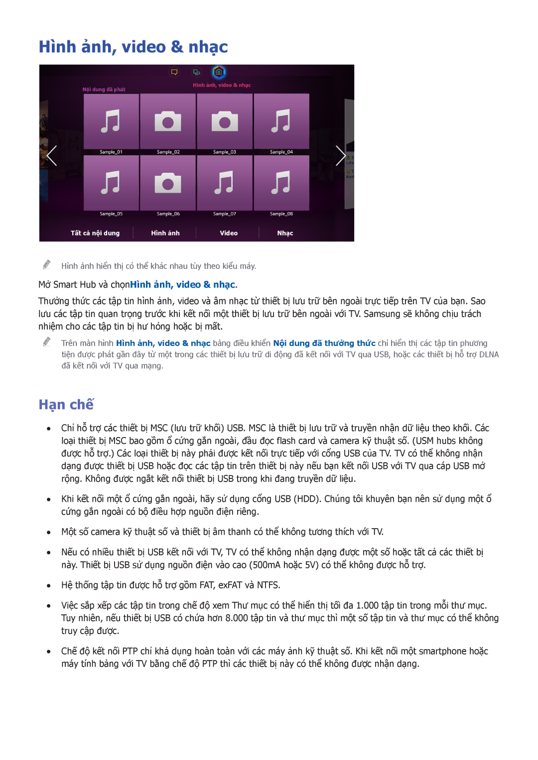 Samsung UA50F6800ARXXV, UA60F6300ARXXV, UA32F5501ARXXV manual Hạn chế, Mở Smart Hub và chọnHình ảnh, video & nhạc 