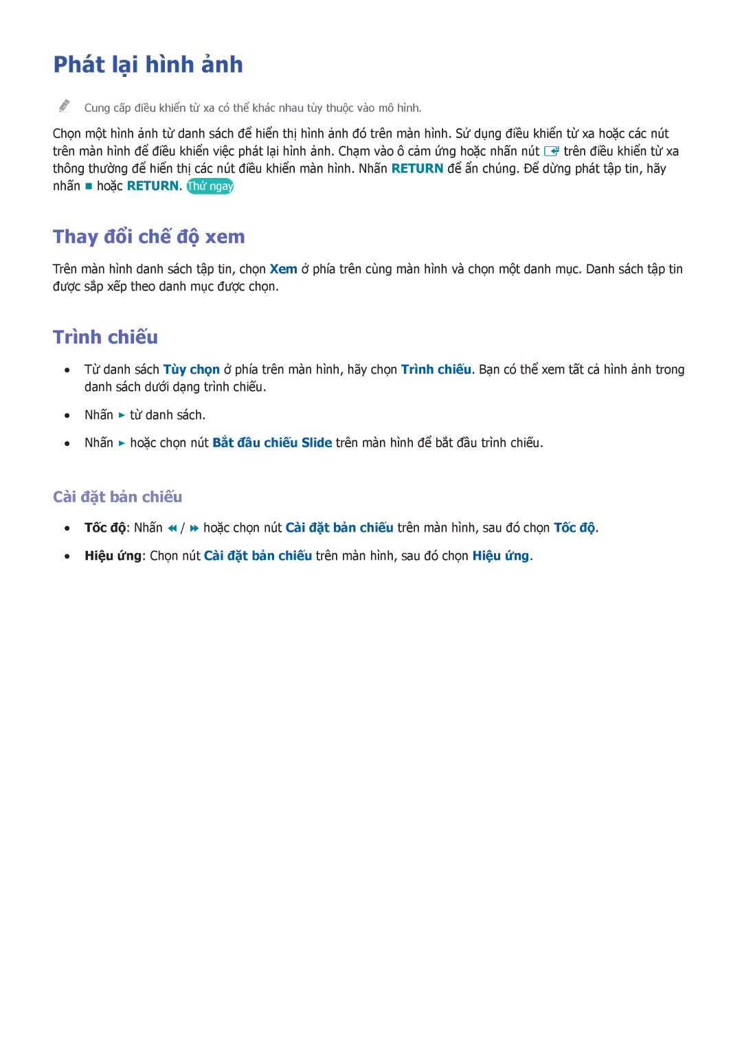 Samsung UA60F6400ARXXV, UA60F6300ARXXV, UA32F5501ARXXV, UA40F6400ARXXV Phát lại hình ảnh, Trình chiếu, Cà̀i đặ̣t bản chiếu 