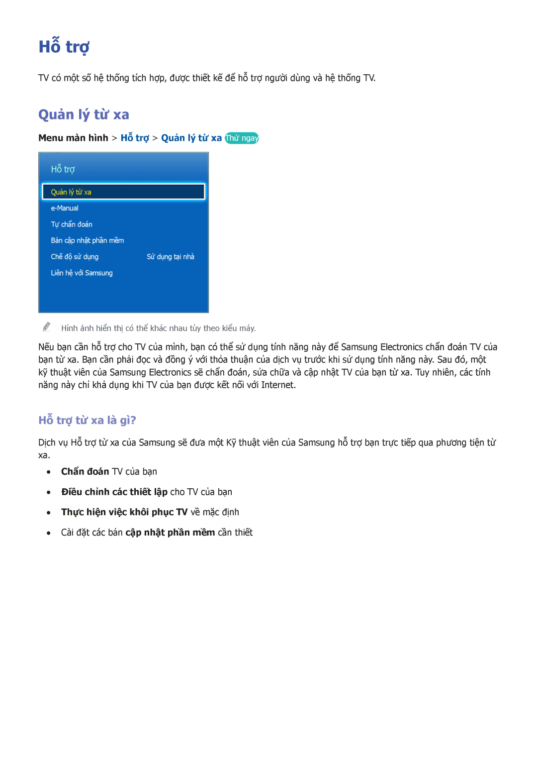 Samsung UA46F5500ARXXV, UA60F6300ARXXV manual Hỗ trợ̣ từ xa là̀ gì?, Menu mà̀n hình Hỗ trợ Quản lý từ xa Thử ngay 