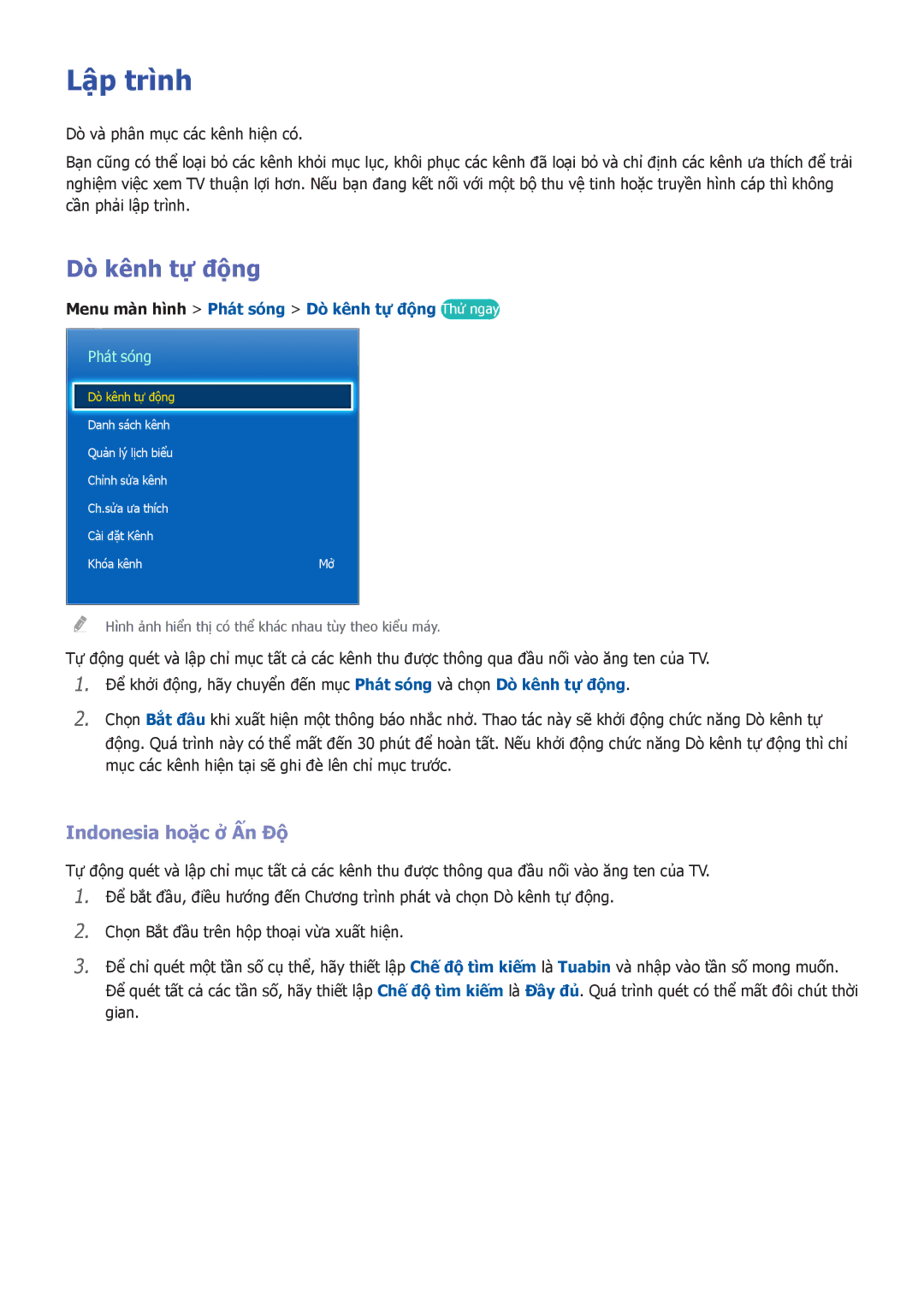 Samsung UA32F6400ARXXV, UA60F6300ARXXV, UA32F5501ARXXV manual Lập trình, Dò kênh tự đông, Indonesia hoặ̣c ở Ấn Độ, Phát sóng 