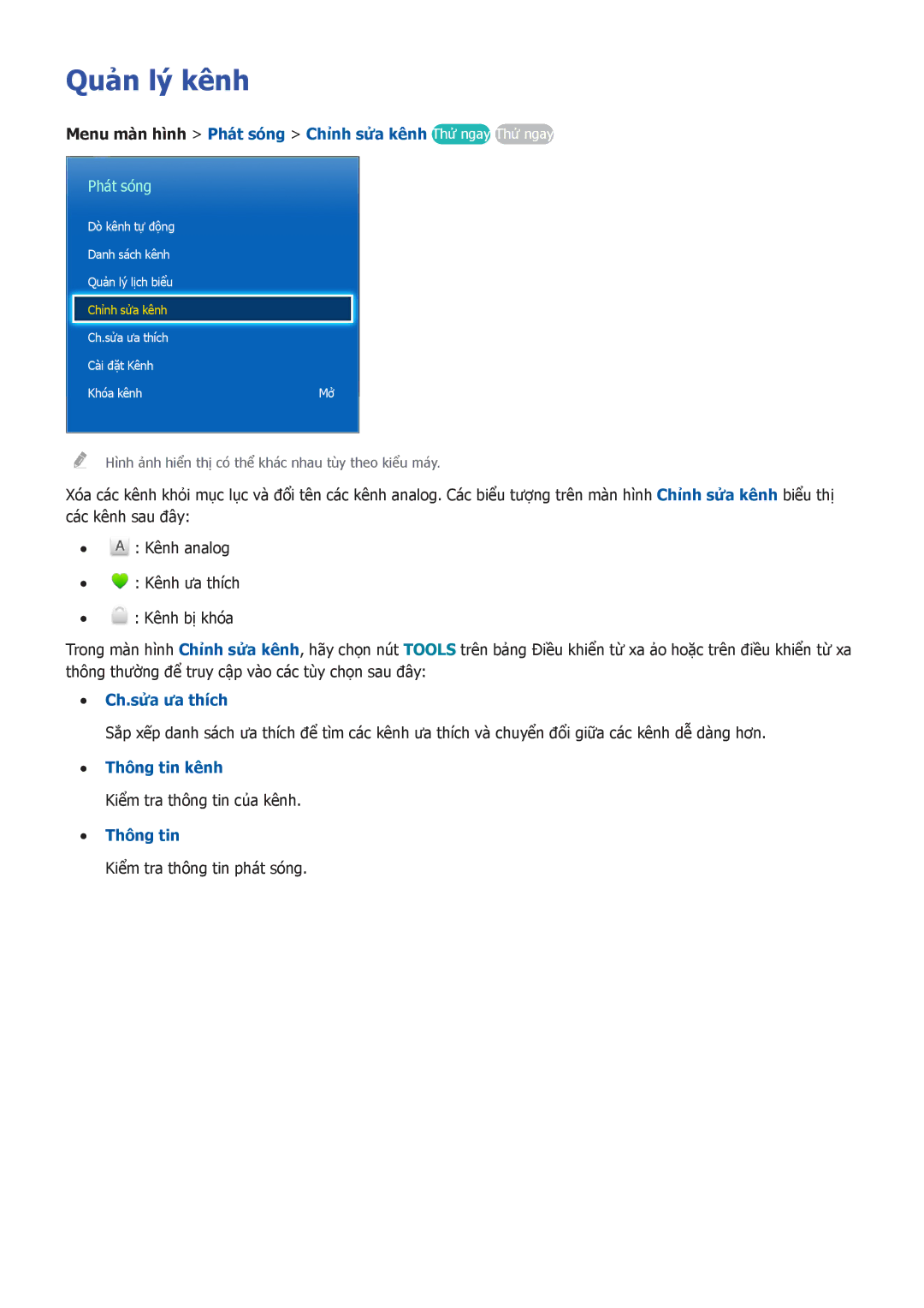 Samsung UA40F6300ARXXV manual Quản lý kênh, Menu mà̀n hình Phát sóng Chinh sưa kênh Thử ngay Thử ngay, Ch.sửa ưa thích 