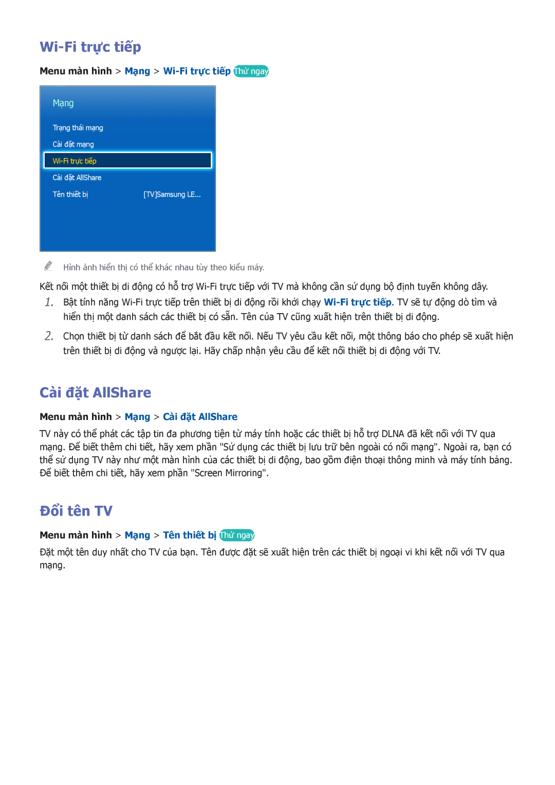 Samsung UA46F6400ARXXV, UA60F6300ARXXV, UA32F5501ARXXV, UA40F6400ARXXV manual Wi-Fi trự̣c tiếp, Cà̀i đặ̣t AllShare, Đổi tên TV 