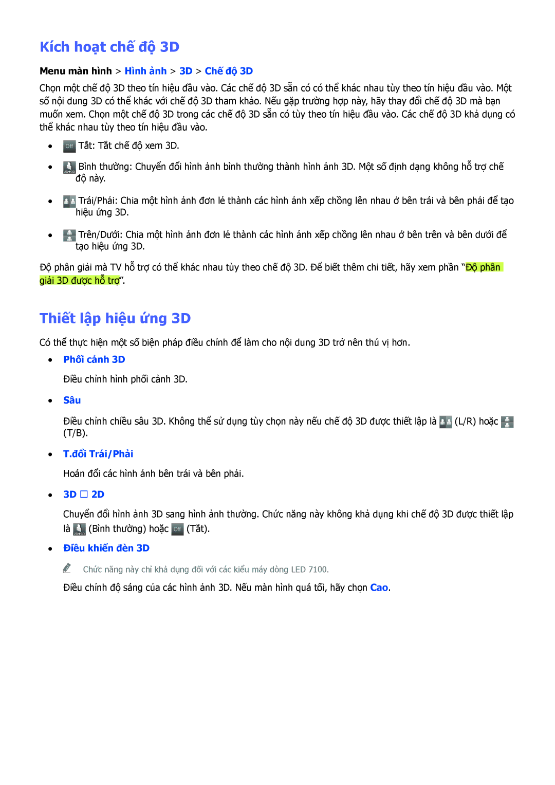 Samsung UA55F6800ARXXV, UA60F6300ARXXV, UA32F5501ARXXV, UA40F6400ARXXV manual Kích hoạt chế độ 3D, Thiết lập hiêu ưng 3D 