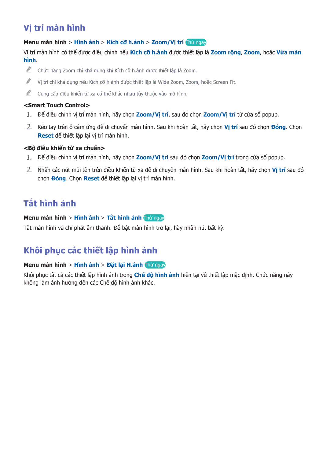 Samsung UA55F6300ARXXV, UA60F6300ARXXV, UA32F5501ARXXV Vị trí mà̀n hình, Tắt hình ảnh, Khôi phục các thiết lập hình ảnh 