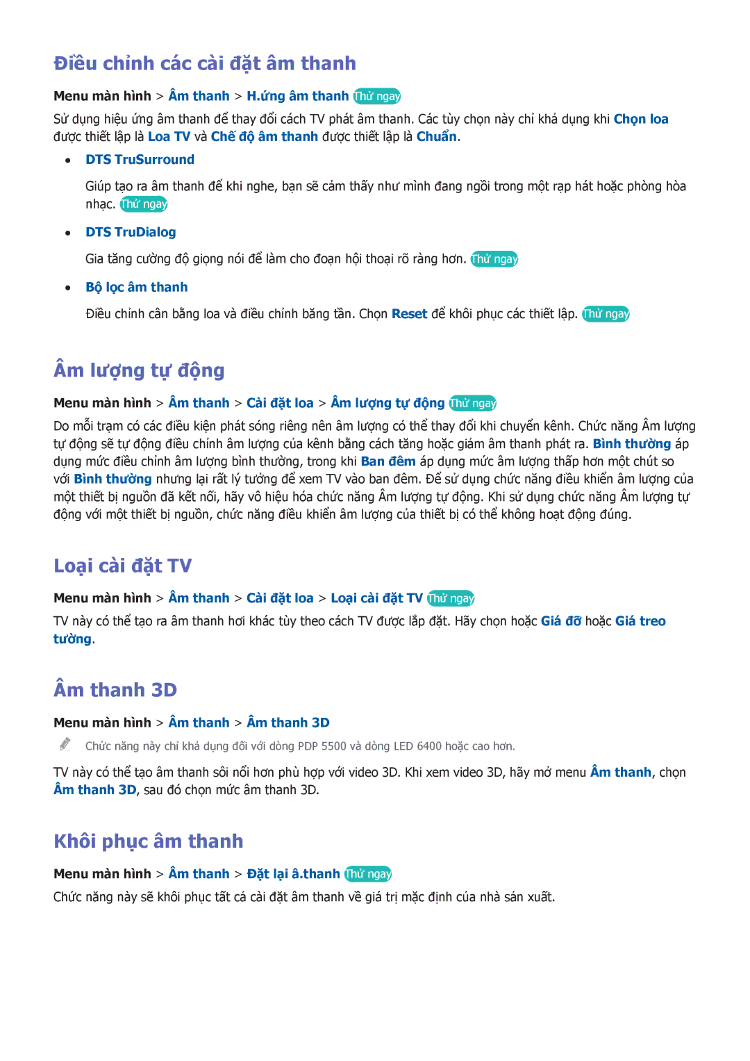 Samsung UA32F6400ARXXV manual Điều chỉnh các cà̀i đặ̣t âm thanh, Âm lượng tự đông, Loại cà̀i đặ̣t TV, Âm thanh 3D 