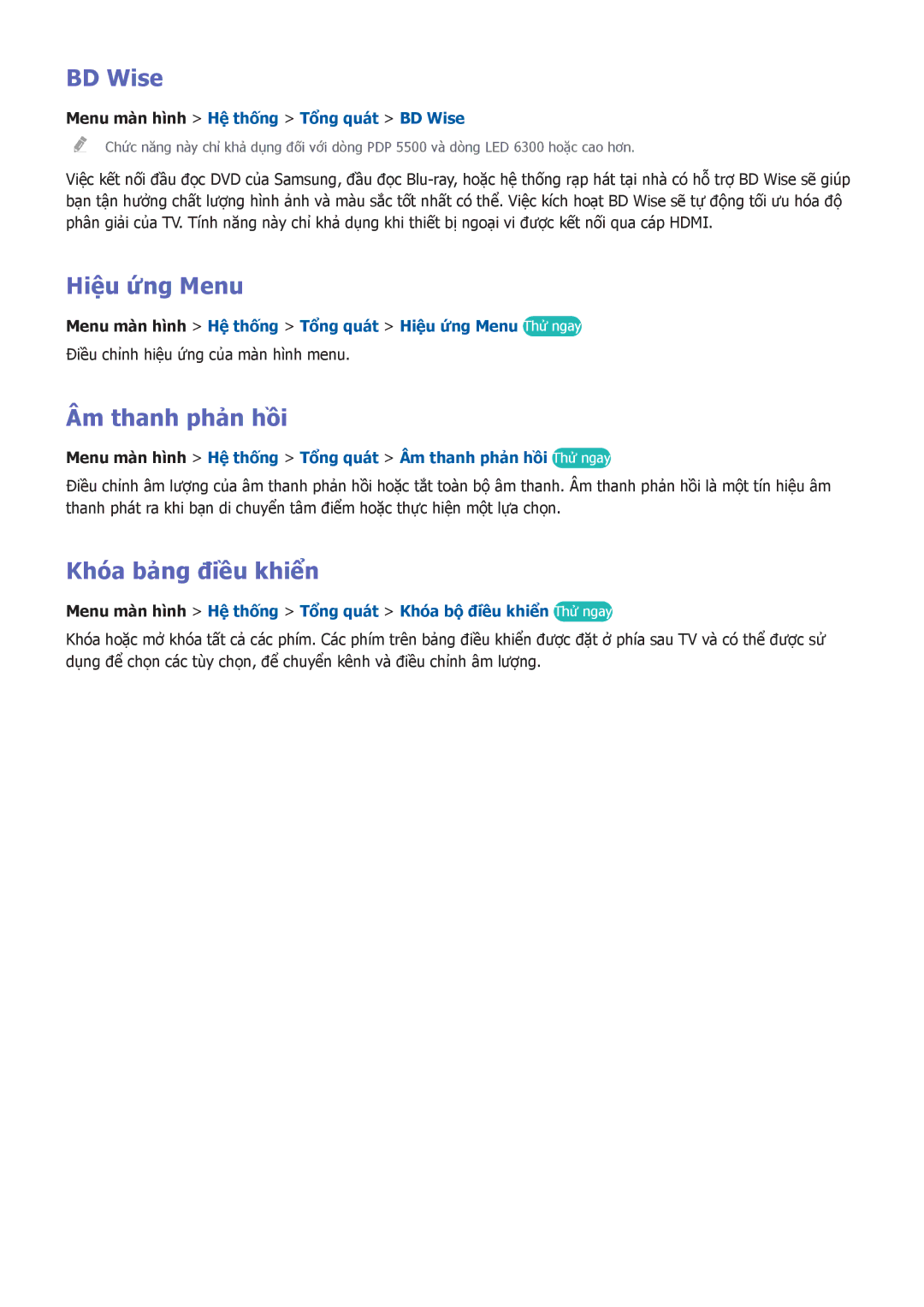Samsung UA50F5501ARXXV, UA60F6300ARXXV, UA32F5501ARXXV manual BD Wise, Hiệu ứng Menu, Âm thanh phản hồi, Khóa bảng điều khiển 
