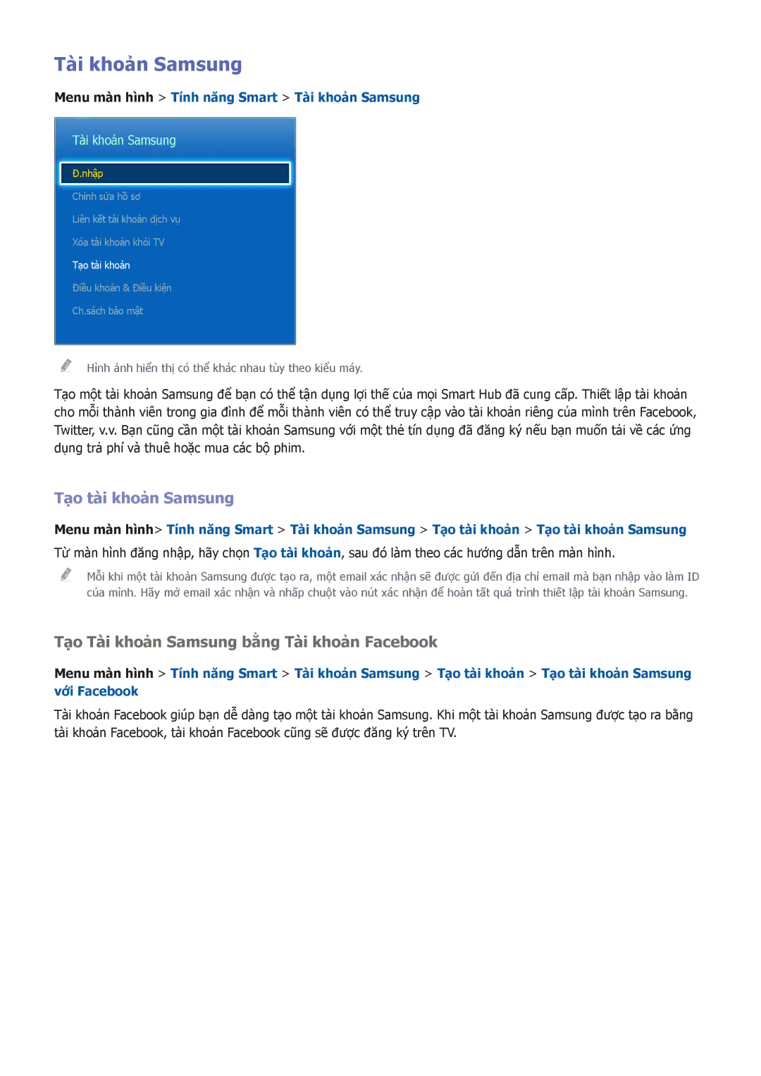 Samsung UA32F5500ARXXV Tạo tà̀i khoản Samsung, Menu mà̀n hình Tính năng Smart Tà̀i khoản Samsung, Tài khoản Samsung 