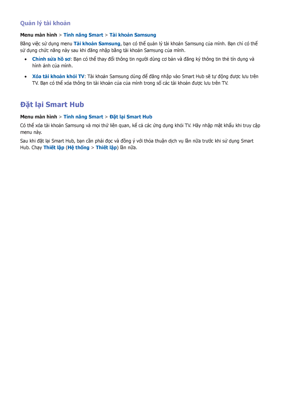 Samsung UA55F6300ARXXV, UA60F6300ARXXV manual Quản lý tà̀i khoản, Menu mà̀n hình Tính năng Smart Đặ̣t lại Smart Hub 
