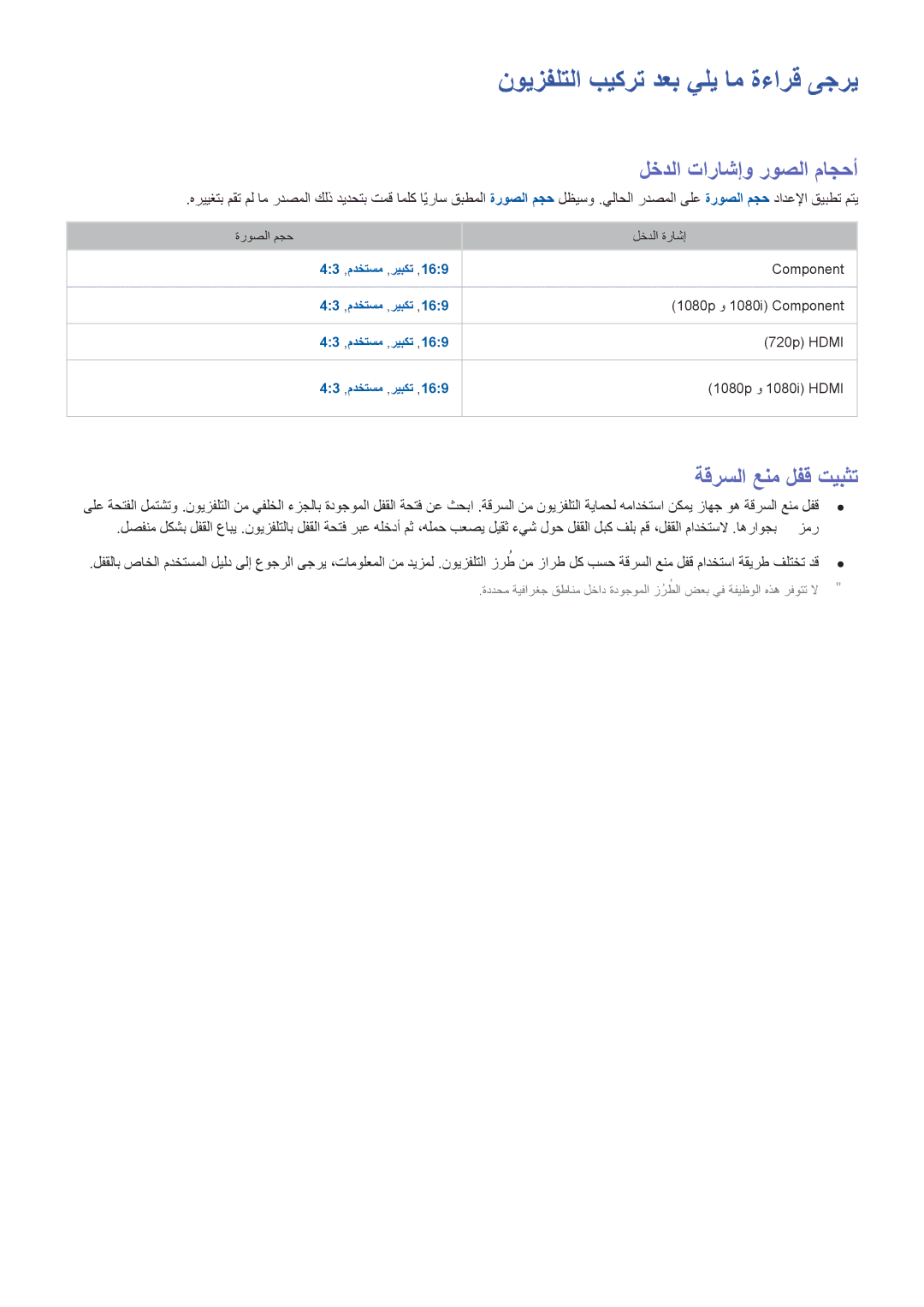 Samsung UA55J6200ARXUM manual نويزفلتلا بيكرت دعب يلي ام ةءارق ىجري, لخدلا تاراشإو روصلا ماجحأ, ةقرسلا عنم لفق تيبثت 