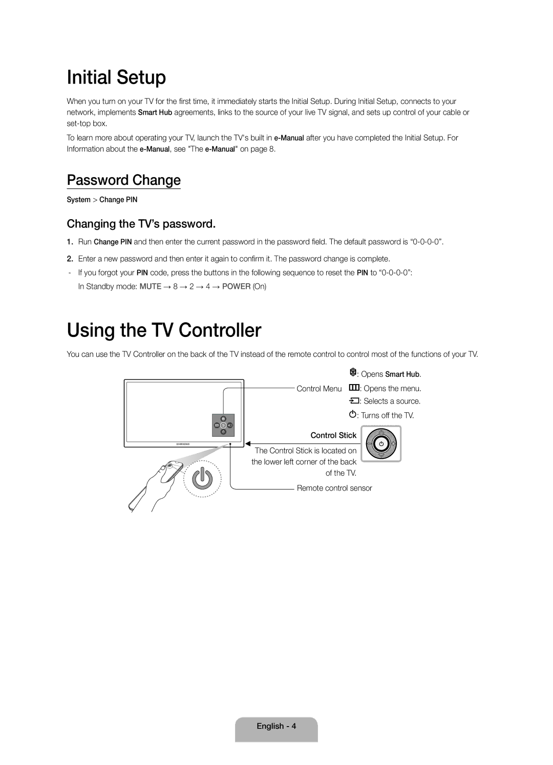 Samsung UA55J6200ARXUM, UA60J6200ARXUM Initial Setup, Using the TV Controller, Password Change, Changing the TV’s password 