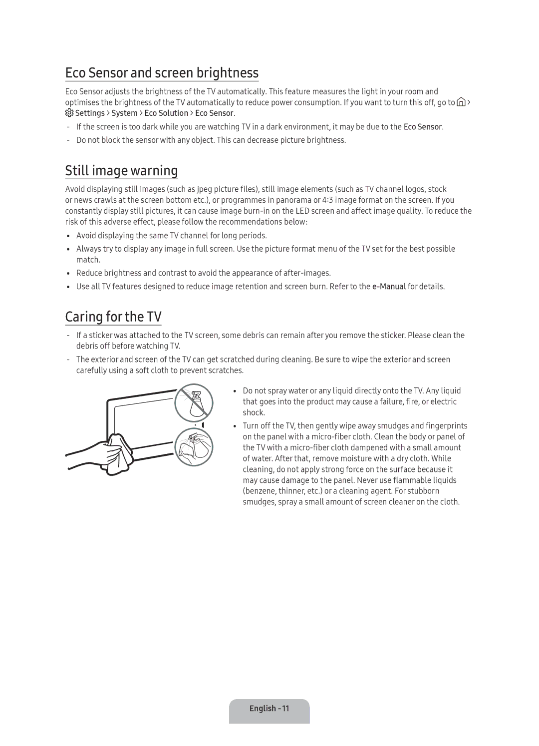 Samsung UA60KS7000KXXV, UA60KS8000KXZN manual Eco Sensor and screen brightness, Still image warning, Caring for the TV 