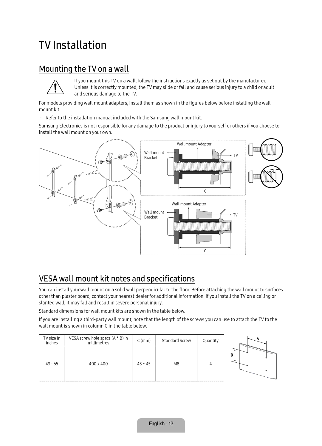 Samsung UA60KS8000KXZN manual TV Installation, Mounting the TV on a wall, Vesa wall mount kit notes and specifications 