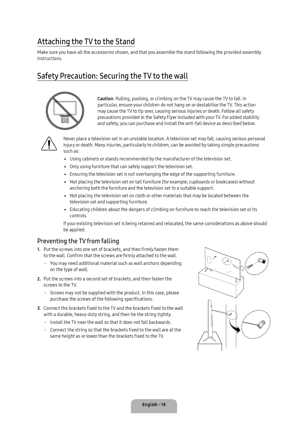 Samsung UA49KS7000KXXV, UA60KS8000KXZN manual Attaching the TV to the Stand, Safety Precaution Securing the TV to the wall 