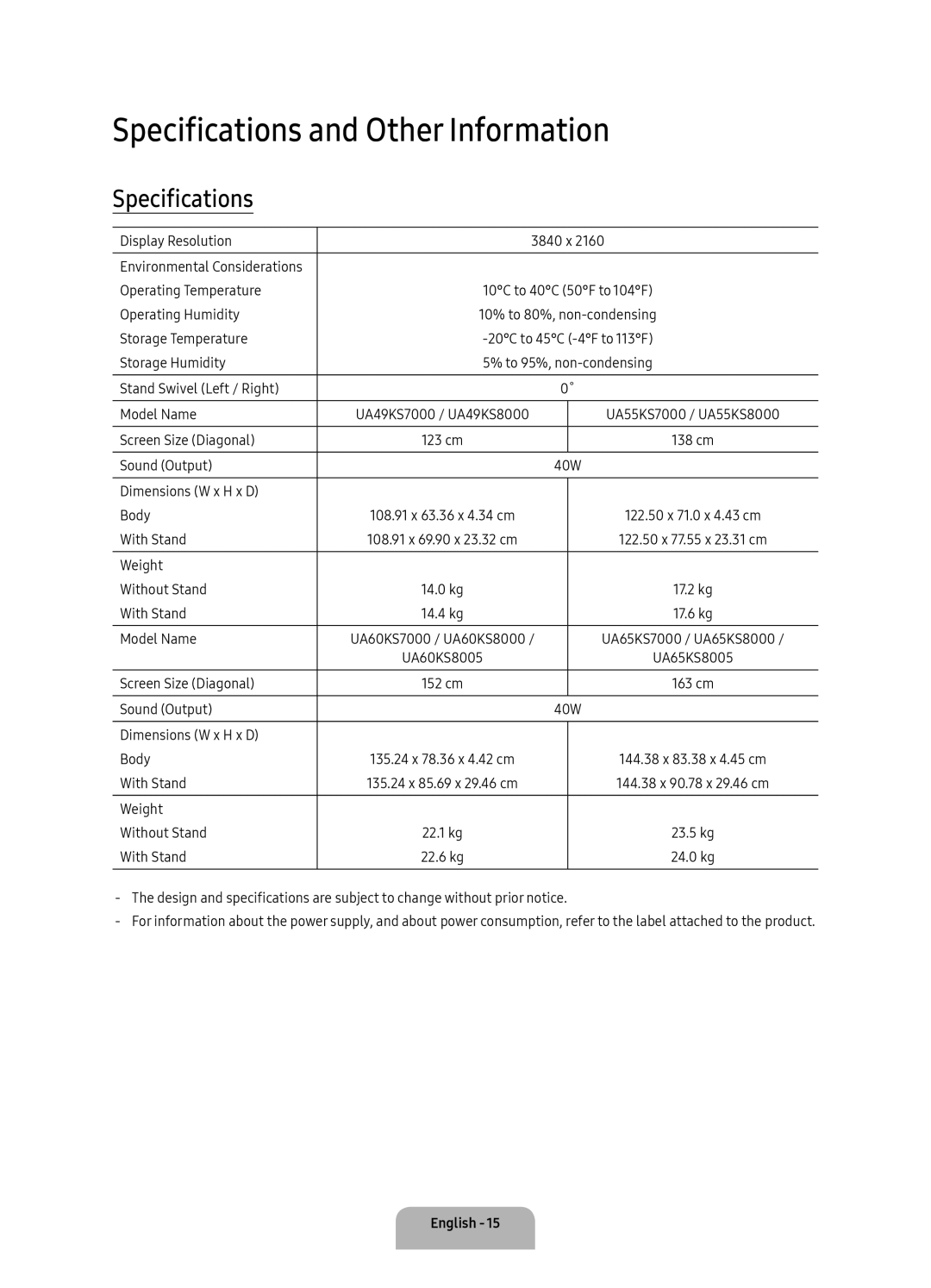 Samsung UA60KS7000KXXV, UA60KS8000KXZN, UA55KS7000KXXV, UA49KS7000KXXV manual Specifications and Other Information 