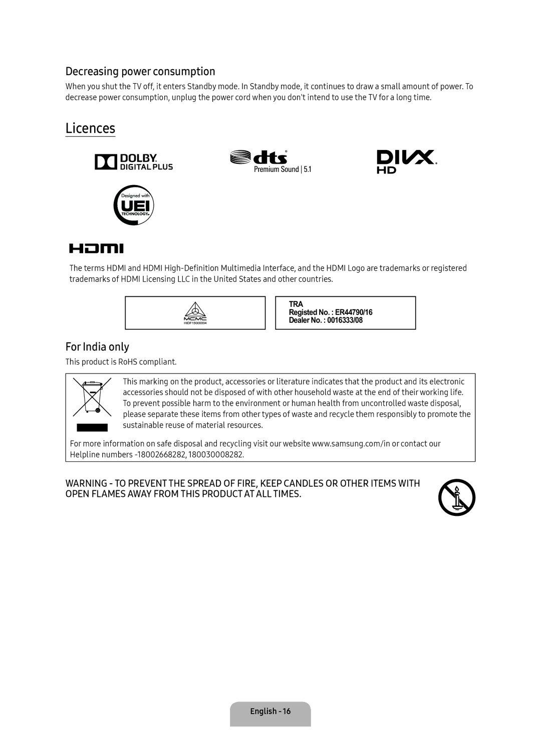 Samsung UA60KS8000KXZN, UA55KS7000KXXV, UA49KS7000KXXV manual Licences, Decreasing power consumption, For India only 