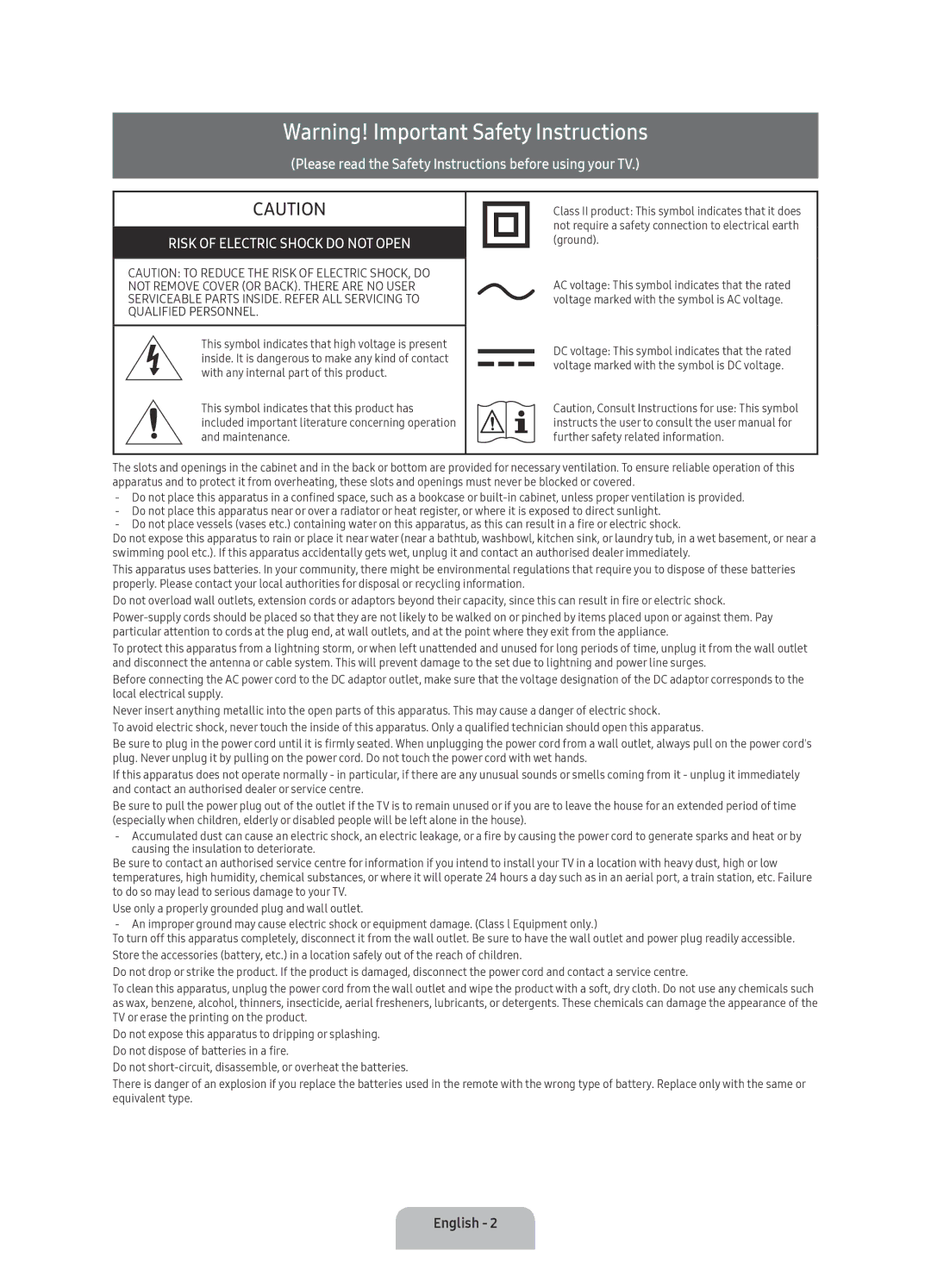 Samsung UA49KS7000KXXV, UA60KS8000KXZN, UA55KS7000KXXV, UA60KS7000KXXV manual Risk of Electric Shock do not Open 