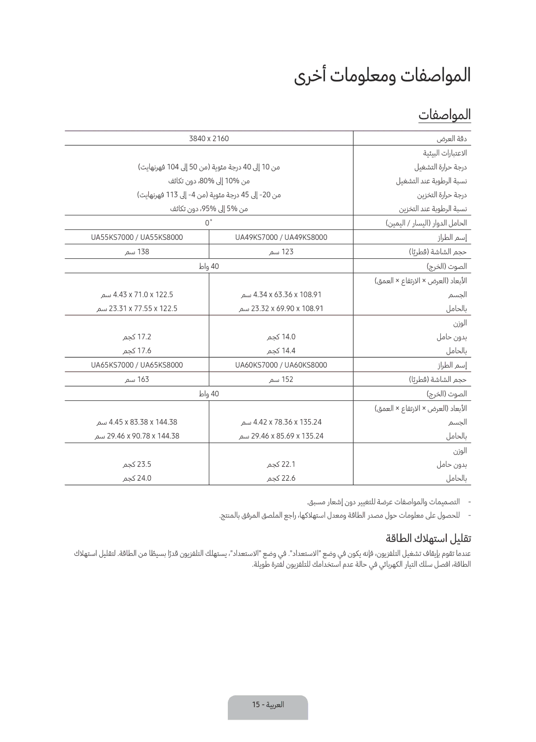 Samsung UA60KS8000RXUM manual ىرخأ تامولعمو تافصاوملا, ةقاطلا كلاهتسا ليلقت 