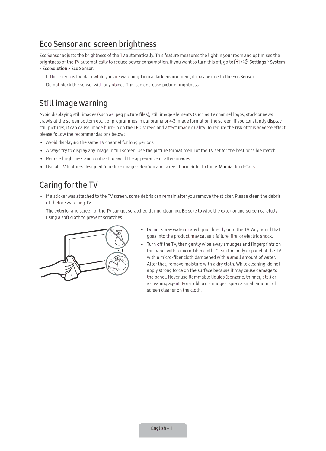 Samsung UA60KS8000RXUM manual Eco Sensor and screen brightness, Still image warning, Caring for the TV 