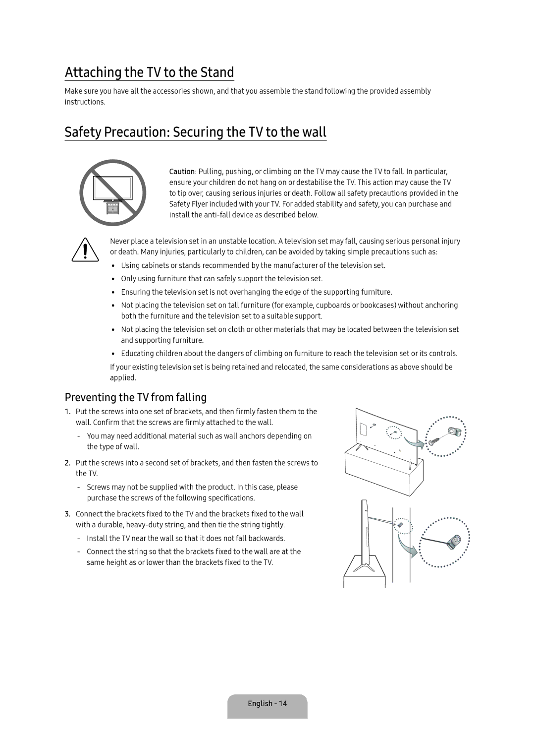 Samsung UA60KS8000RXUM manual Attaching the TV to the Stand, Safety Precaution Securing the TV to the wall 