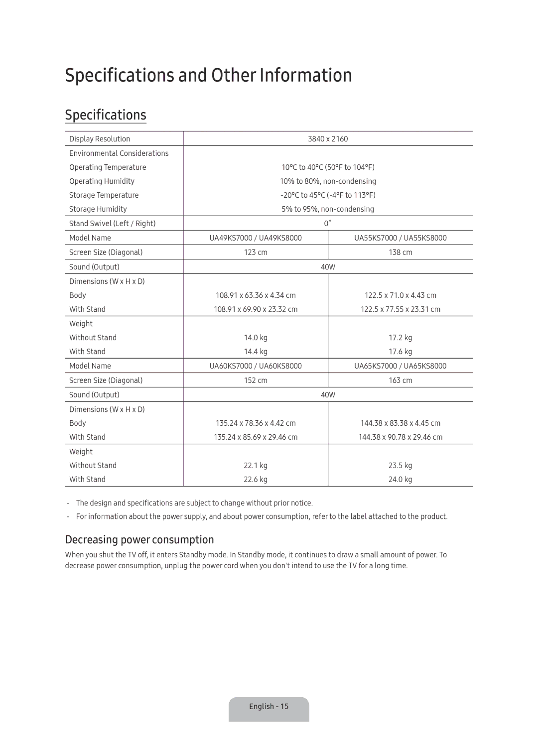 Samsung UA60KS8000RXUM manual Specifications and Other Information, Decreasing power consumption 