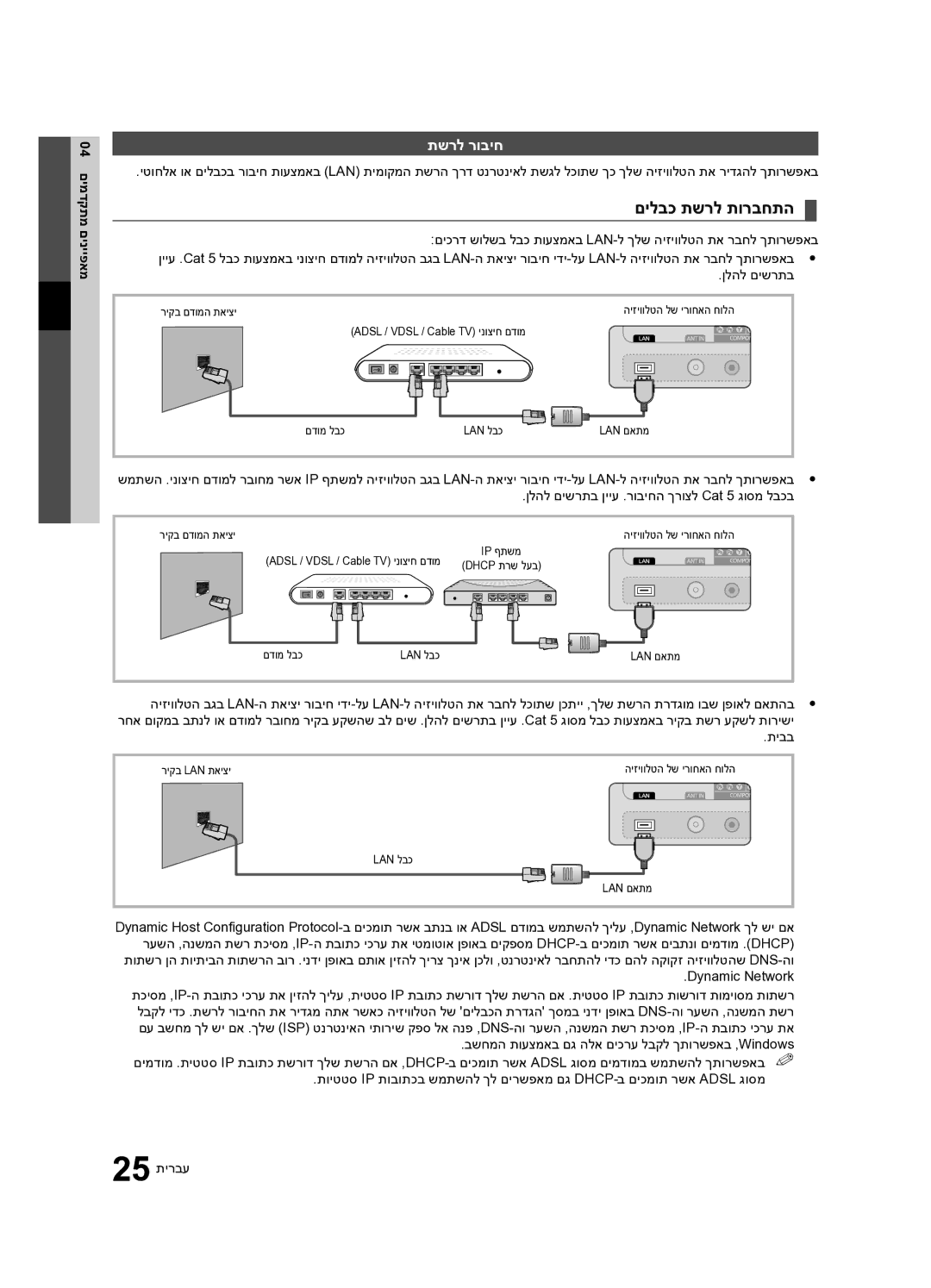 Samsung UA55C8000XRXSQ, UA65C8000XRXSQ manual םילבכ תשרל תורבחתה, תשרל רוביח, םינייפאמ 