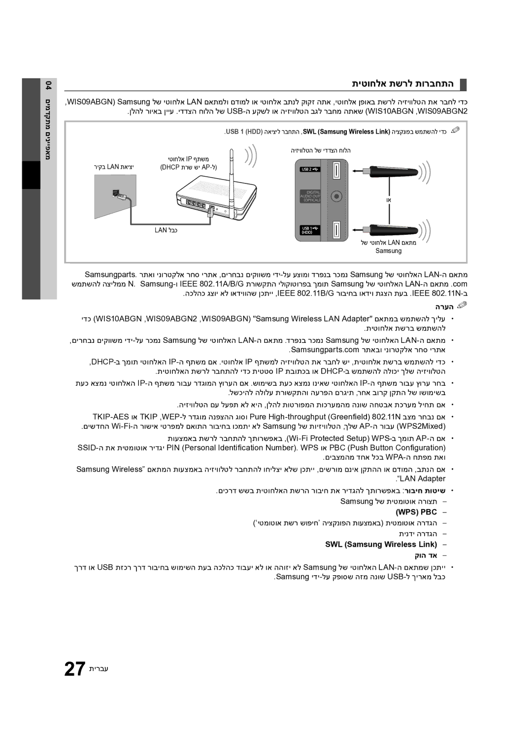 Samsung UA55C8000XRXSQ, UA65C8000XRXSQ manual תיטוחלא תשרל תורבחתה, Wps ‏Pbc, SWL‏Samsung Wireless Link, קוה דא 