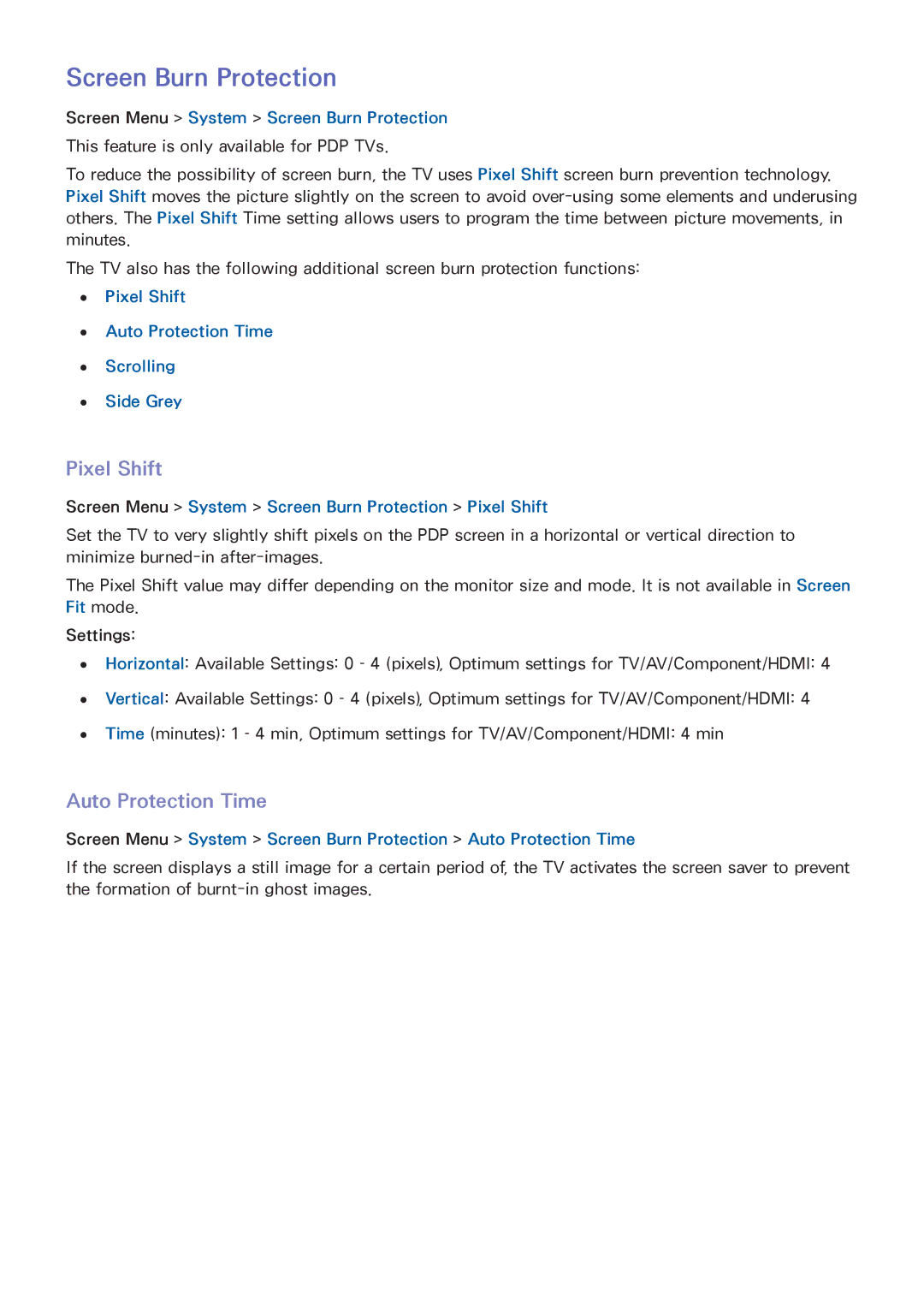 Samsung UA55F9000ARXZN, UA65F8000ARXSK, UA46F7500BRXSK manual Screen Burn Protection, Pixel Shift, Auto Protection Time 