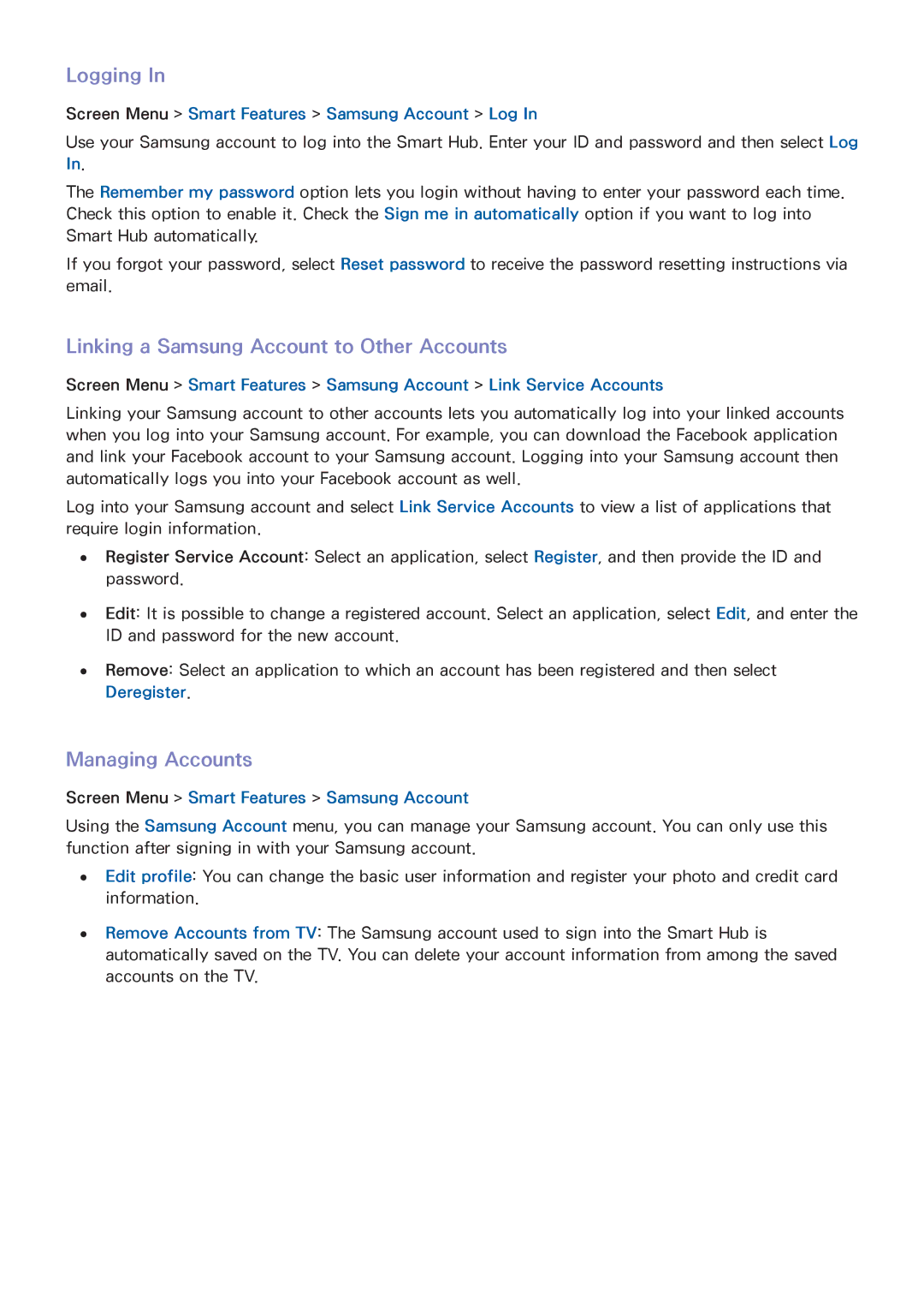 Samsung UA55F8000ARXXV, UA65F8000ARXSK, UA85S9ARXSK Logging, Linking a Samsung Account to Other Accounts, Managing Accounts 