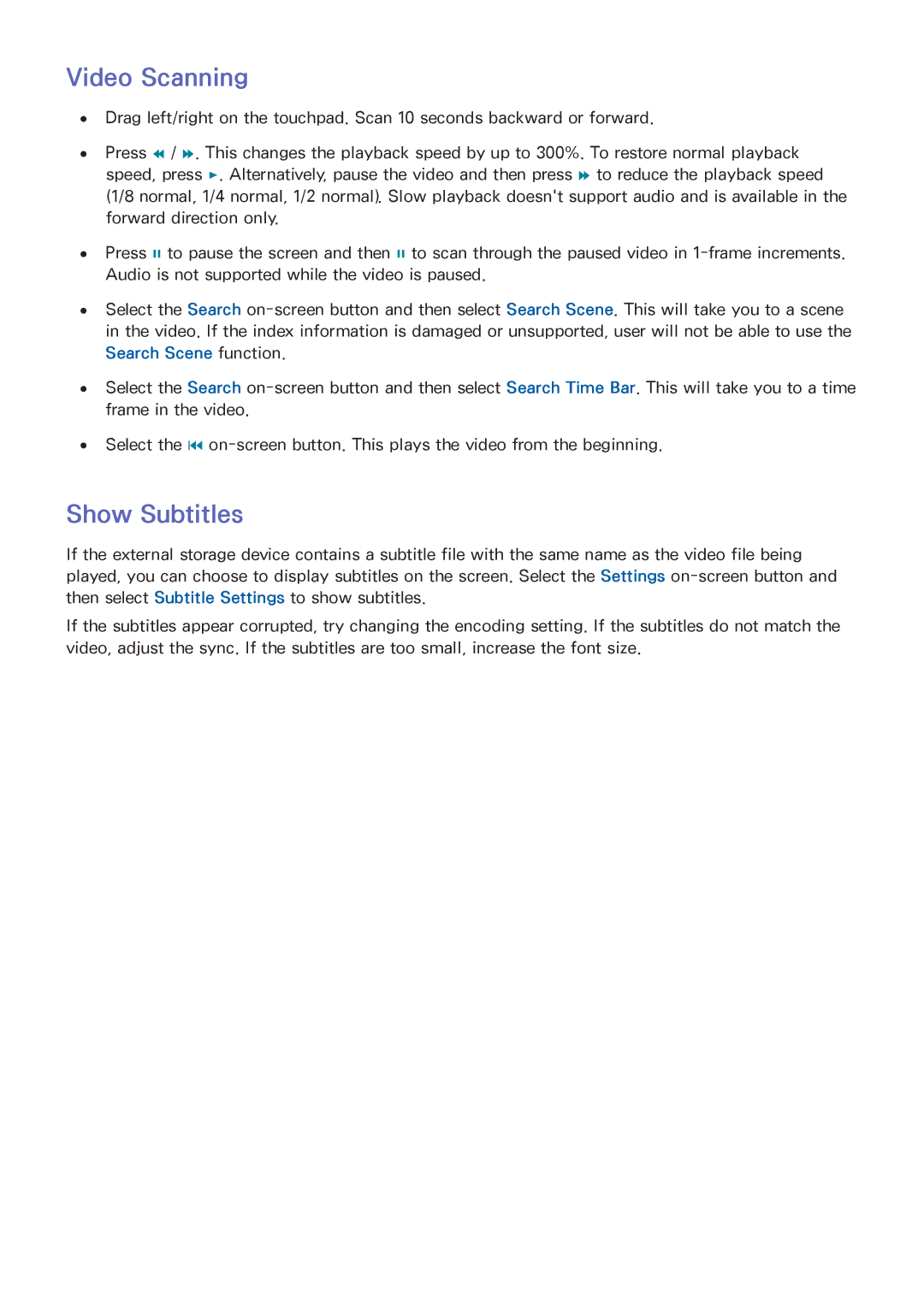 Samsung UA55F7500BRXUM, UA65F8000ARXSK, UA46F7500BRXSK, UA55F7500BRXZN, UA40F7500BRXZN manual Video Scanning, Show Subtitles 