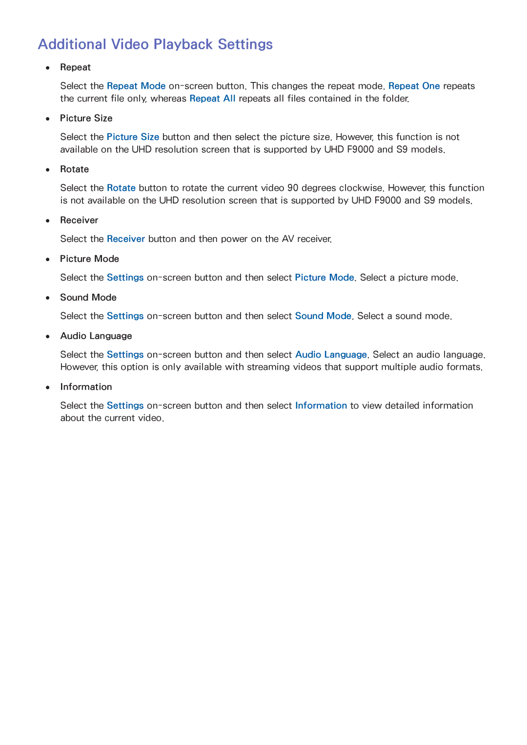 Samsung UA46F7500BRXUM, UA65F8000ARXSK, UA46F7500BRXSK, UA55F7500BRXZN manual Additional Video Playback Settings, Repeat 
