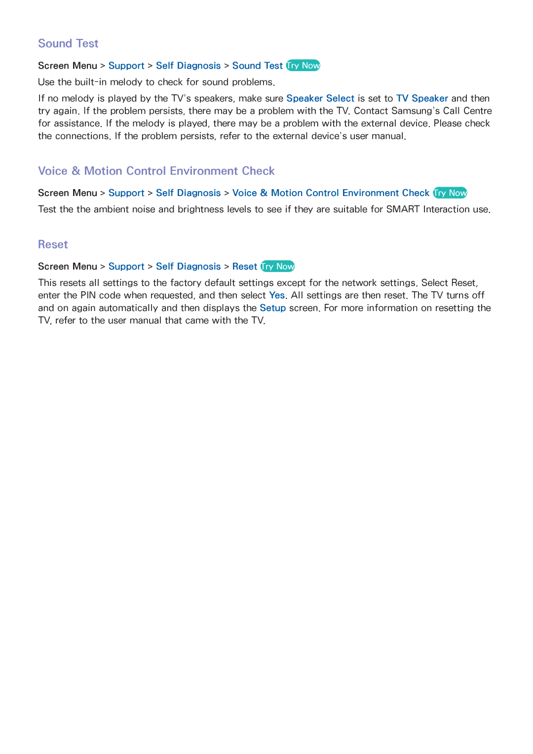 Samsung UA65F8000ARXSK, UA46F7500BRXSK, UA55F7500BRXZN manual Sound Test, Voice & Motion Control Environment Check, Reset 