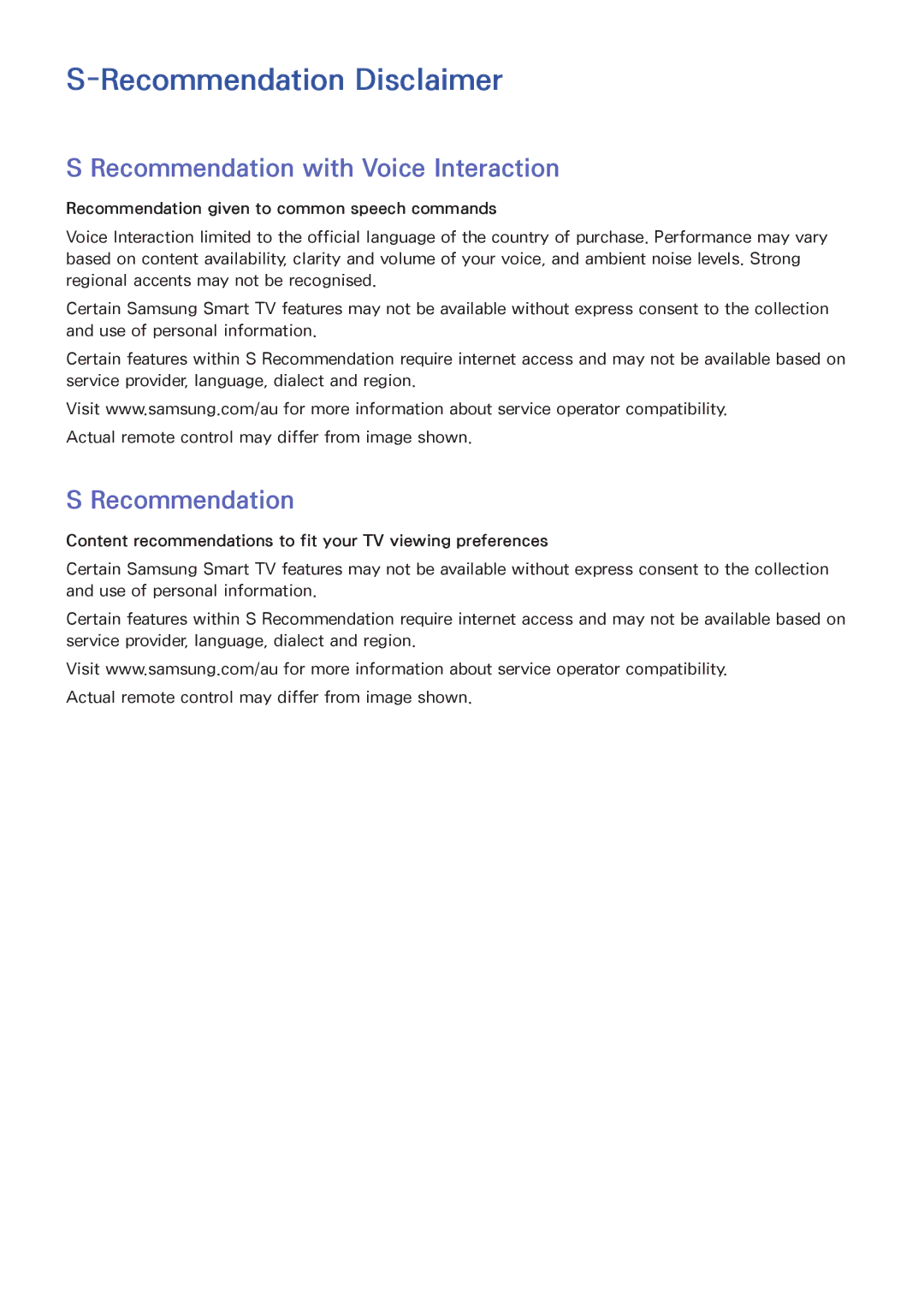 Samsung UA46F7500BRXUM, UA65F8000ARXSK, UA46F7500BRXSK Recommendation Disclaimer, Recommendation with Voice Interaction 