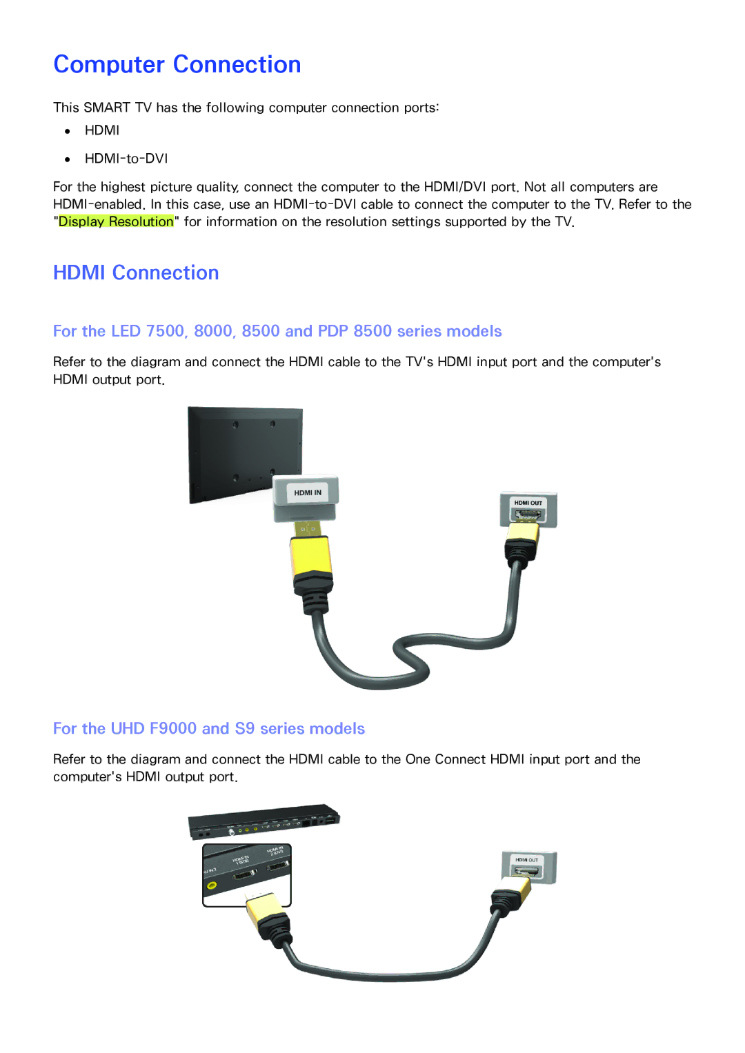 Samsung UA40F7500BRXXV, UA65F8000ARXSK, UA46F7500BRXSK, UA55F7500BRXZN, UA40F7500BRXZN Computer Connection, Hdmi Connection 