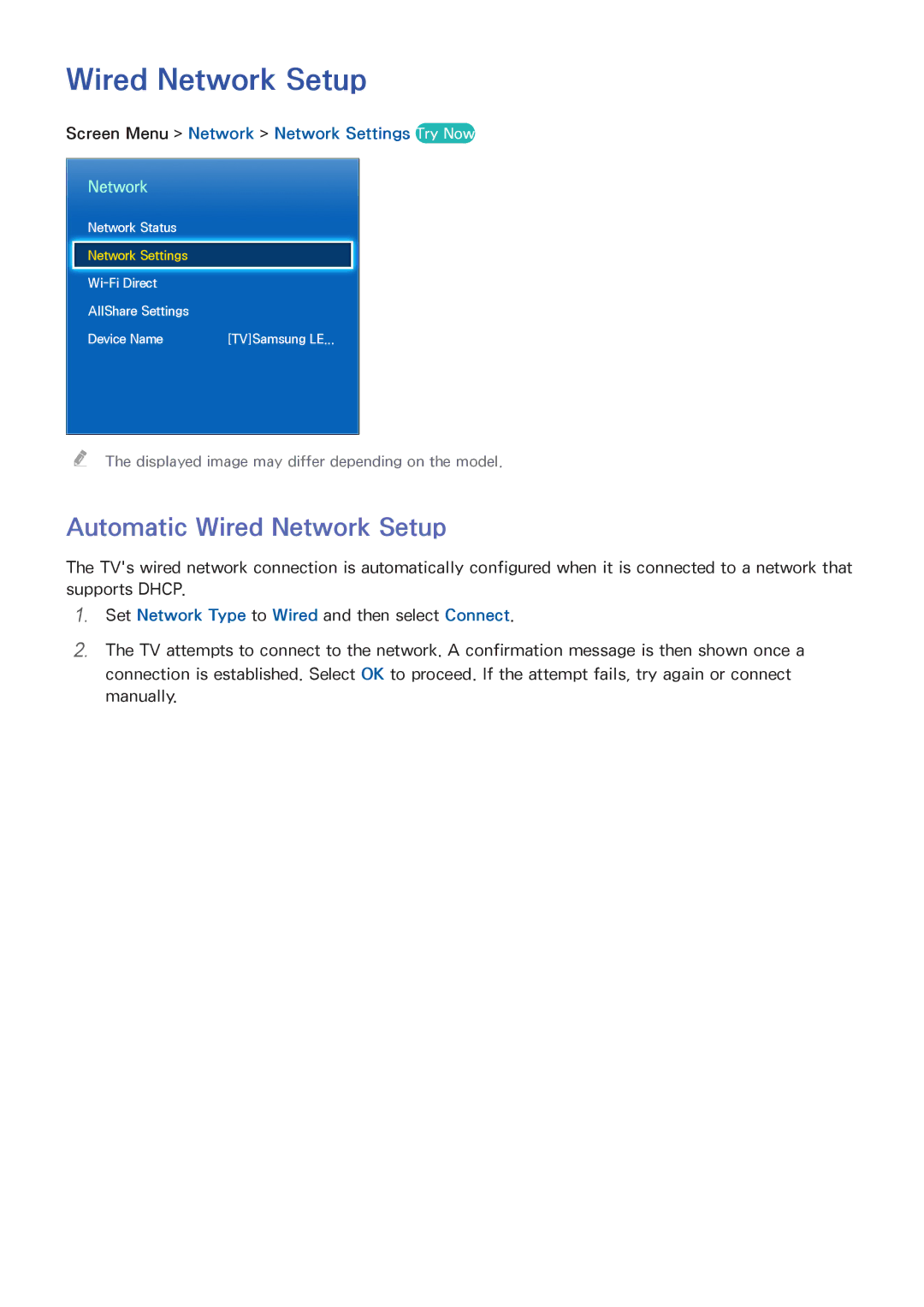 Samsung UA65F8000ARXZN, UA65F8000ARXSK Automatic Wired Network Setup, Screen Menu Network Network Settings Try Now 