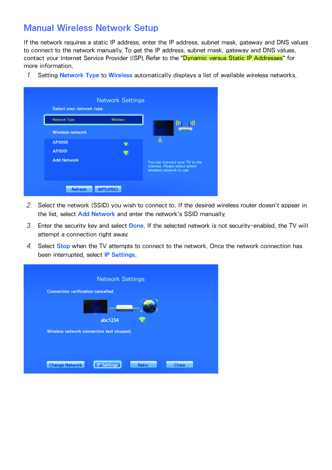 Samsung UA65F8000ARXUM, UA65F8000ARXSK manual Manual Wireless Network Setup, Wireless network AP0000 AP0001 Add Network 