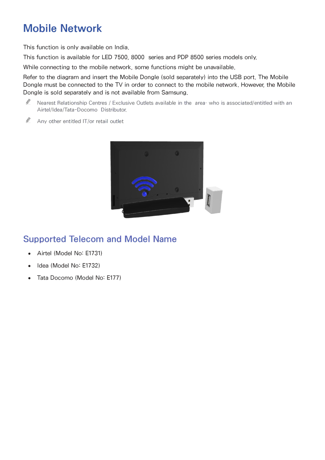 Samsung UA46F7500BRXUM, UA65F8000ARXSK, UA46F7500BRXSK, UA55F7500BRXZN manual Mobile Network, Supported Telecom and Model Name 